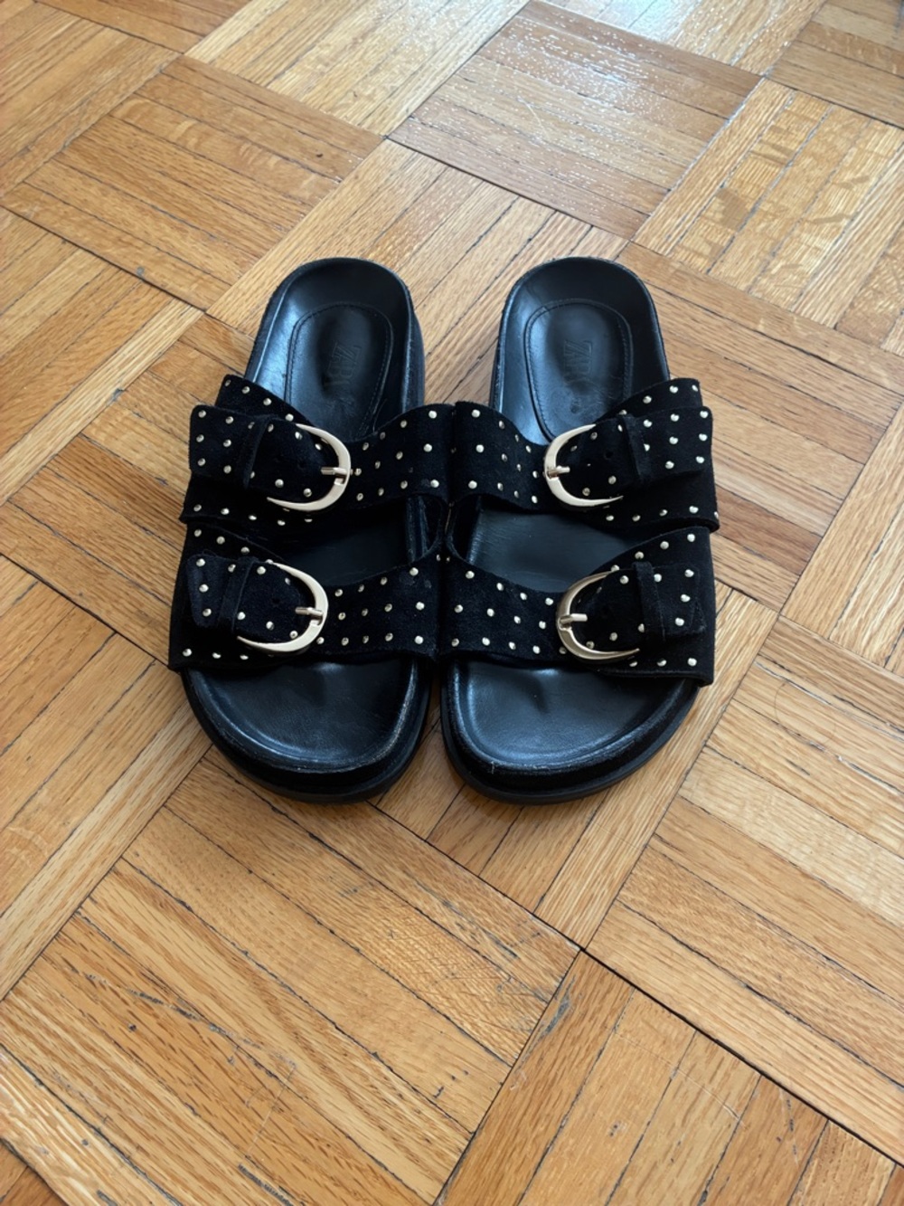 Black Studded Zara Double-Buckle Slide Sandals